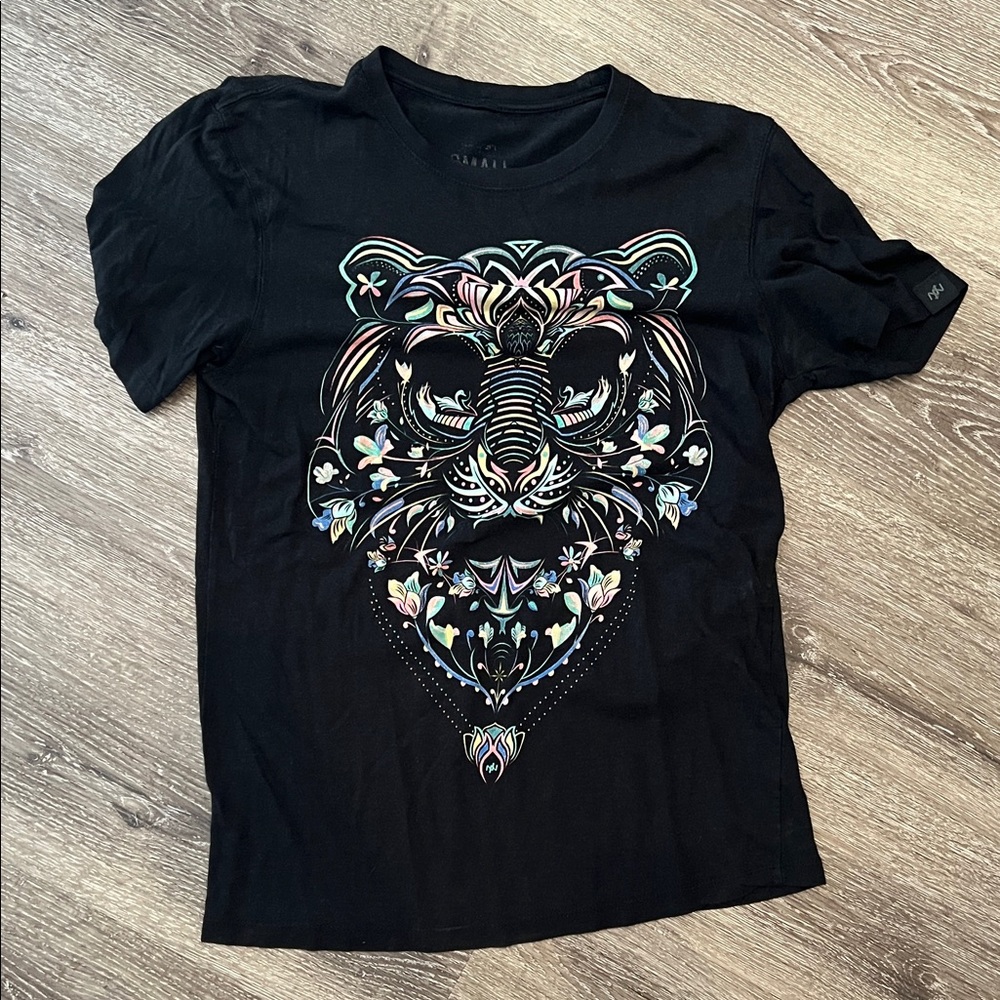 Black T-Shirt with Colorful Floral Tiger Design